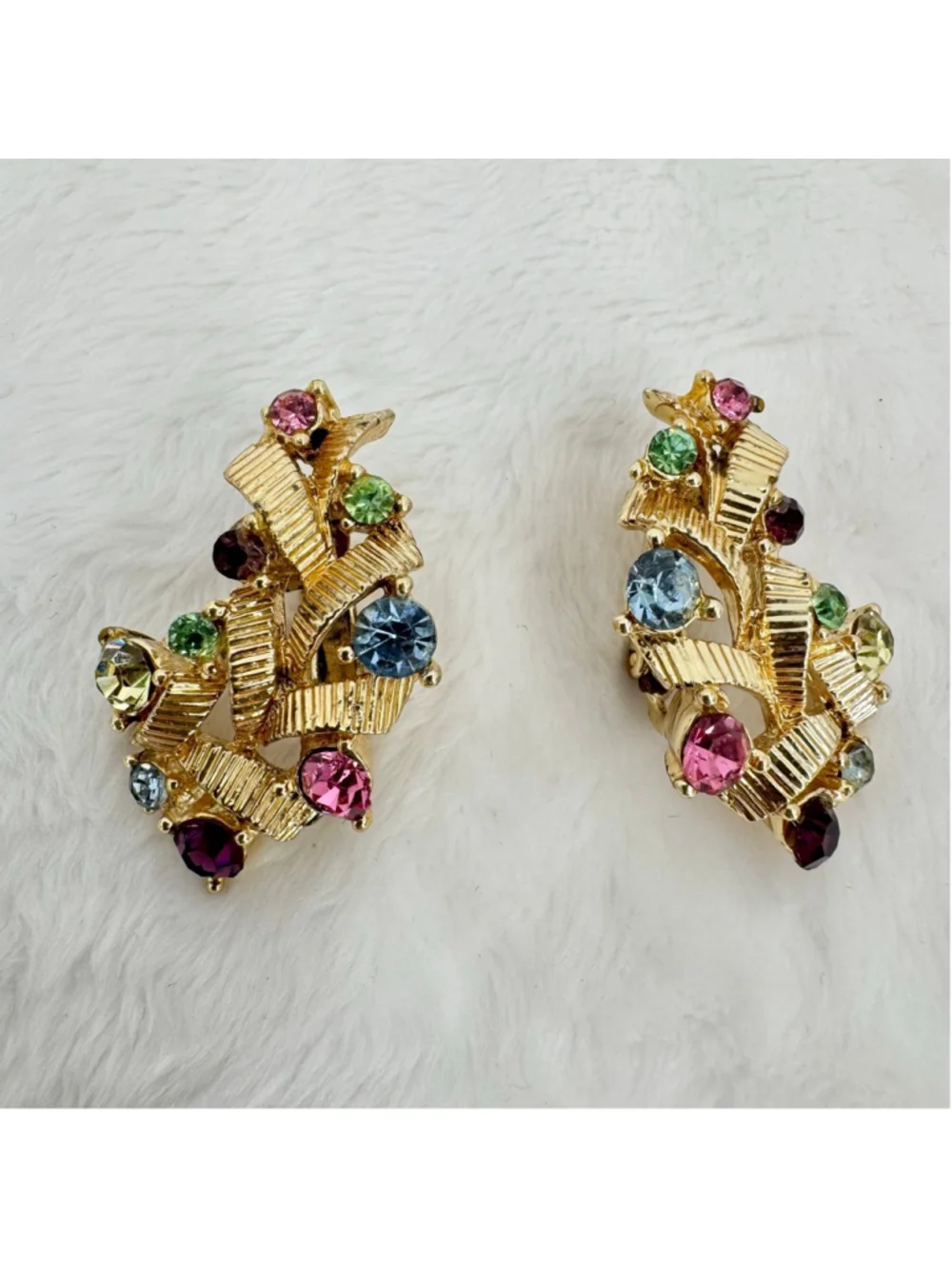 Vintage Clip On Earrings Multicolor Rhinestones Gold Tone